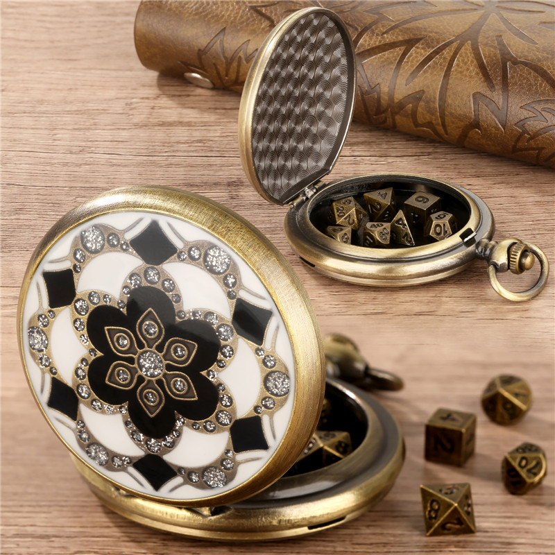 Dice Set Polyhedral - Antique Crystal Flower Pocket Watch Case